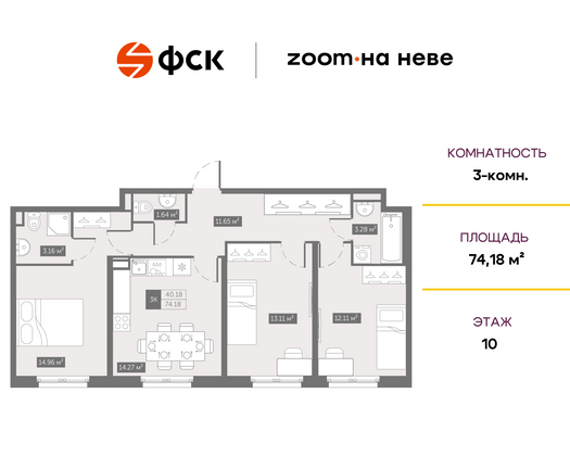 74,2 м², 3-комн. квартира, 10/14 этаж