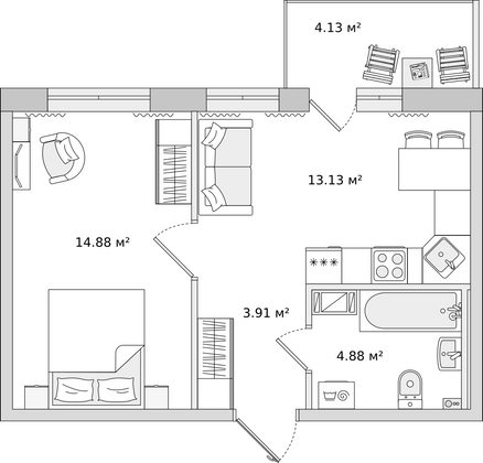 40,9 м², 1-комн. квартира, 2/16 этаж