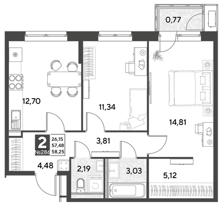 Продажа 2-комнатной квартиры 58,3 м², 13/25 этаж