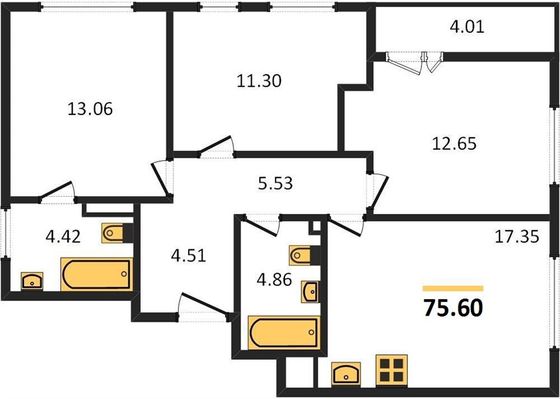 Продажа 3-комнатной квартиры 75,6 м², 3/6 этаж