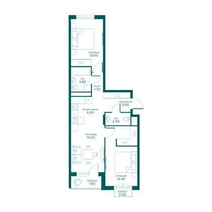 59,5 м², 3-комн. квартира, 6/6 этаж