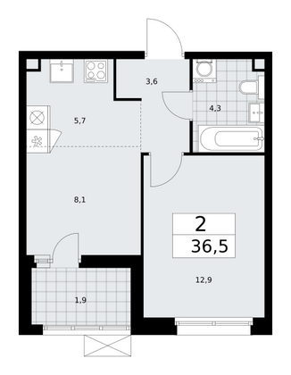 36,5 м², 2-комн. квартира, 2/17 этаж