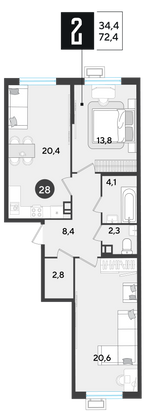 Продажа 2-комнатной квартиры 72,4 м², 4/18 этаж