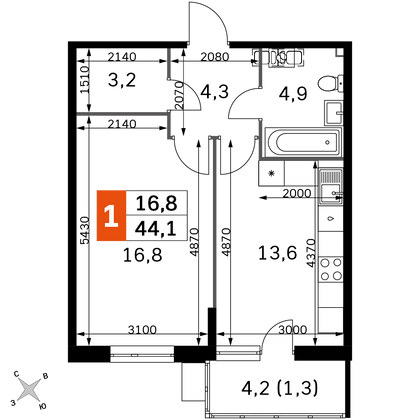 44,1 м², 1-комн. квартира, 1/22 этаж