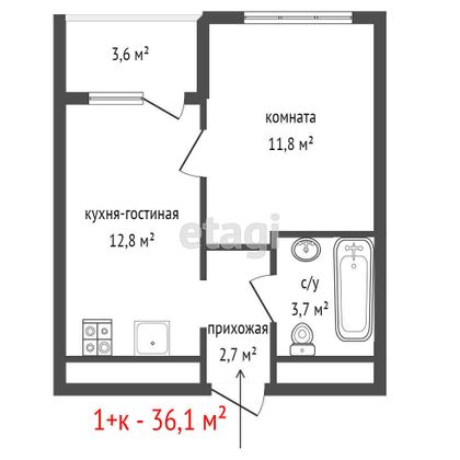 Продажа 1-комнатной квартиры 36,1 м², 6/24 этаж