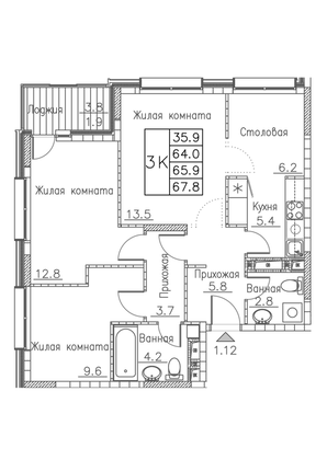67,8 м², 3-комн. квартира, 13/19 этаж