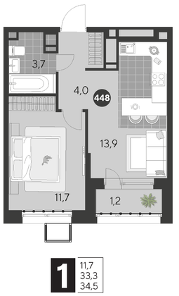 Продажа 1-комнатной квартиры 34,5 м², 2/21 этаж