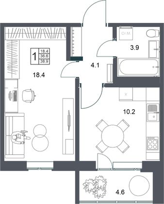 38,9 м², 1-комн. квартира, 2/20 этаж