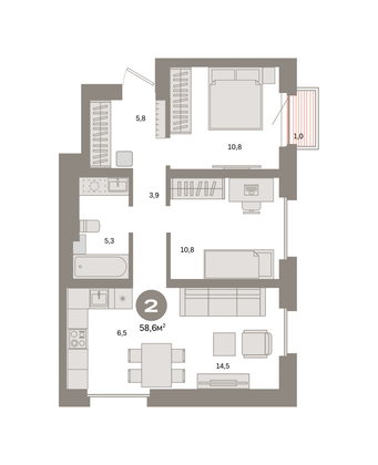 58,6 м², 2-комн. квартира, 21/31 этаж