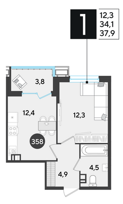 37,9 м², 1-комн. квартира, 8/9 этаж