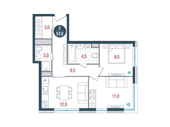 52 м², 2-комн. квартира, 29/32 этаж