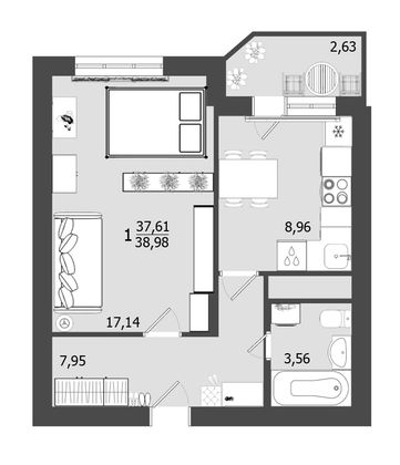 Продажа 1-комнатной квартиры 39 м², 2/9 этаж