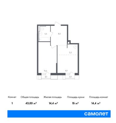 43 м², 1-комн. квартира, 22/32 этаж