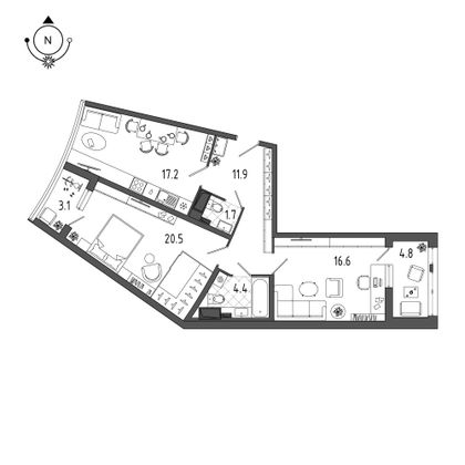 76,1 м², 2-комн. квартира, 6/11 этаж