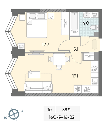 38,9 м², 1-комн. квартира, 17/43 этаж