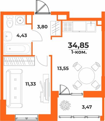 34,8 м², 1-комн. квартира, 2/10 этаж