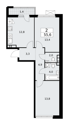 55,6 м², 2-комн. квартира, 9/18 этаж