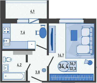 34,4 м², 1-комн. квартира, 1/16 этаж