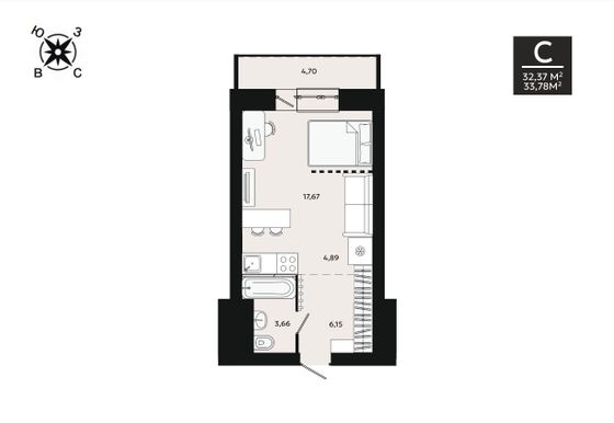 33,8 м², 1-комн. квартира, 4/8 этаж