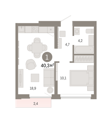 Продажа 1-комнатной квартиры 40,3 м², 7/9 этаж