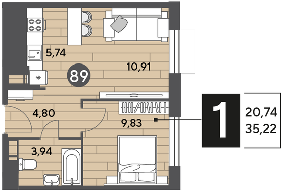 Продажа 1-комнатной квартиры 35,2 м², 4/10 этаж