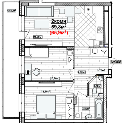 Продажа 2-комнатной квартиры 65,9 м², 13/19 этаж