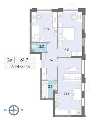 Продажа 2-комнатной квартиры 61,7 м², 13/24 этаж