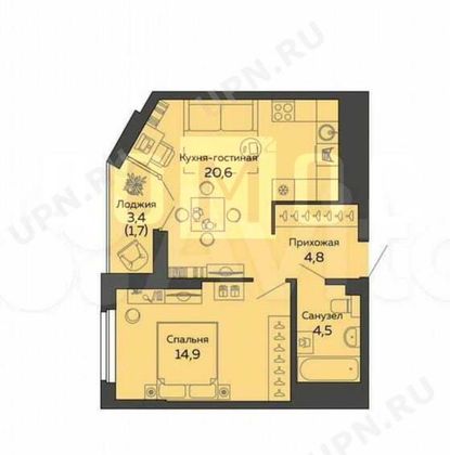 Продажа 1-комнатной квартиры 44 м², 21/25 этаж