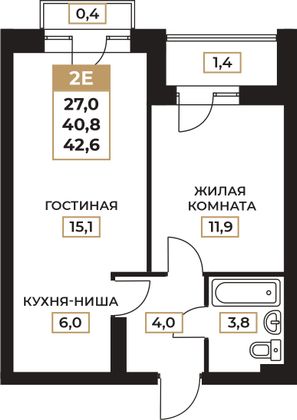 Продажа 2-комнатной квартиры 42,6 м², 2/6 этаж