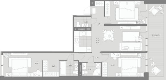 92,3 м², 3-комн. квартира, 2/8 этаж