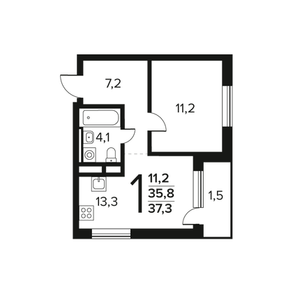 Продажа 1-комнатной квартиры 37,3 м², 2/12 этаж