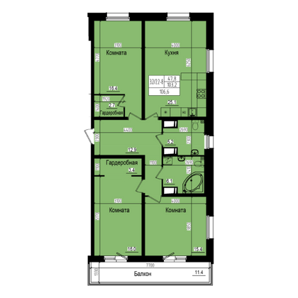 106,6 м², 3-комн. квартира, 4/23 этаж