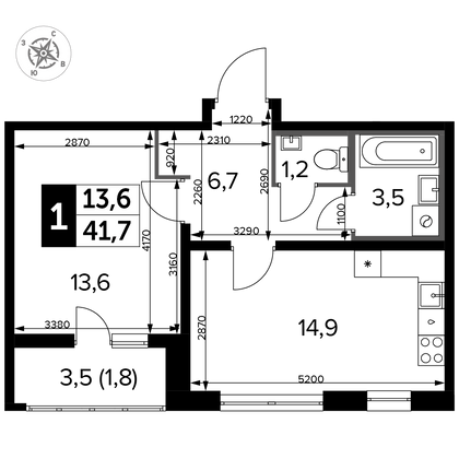 41,7 м², 1-комн. квартира, 9/24 этаж