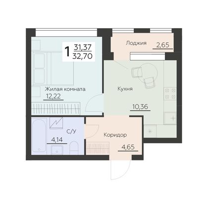 Продажа 1-комнатной квартиры 32,7 м², 5 этаж