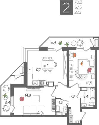 Продажа 2-комнатной квартиры 70,3 м², 18/24 этаж