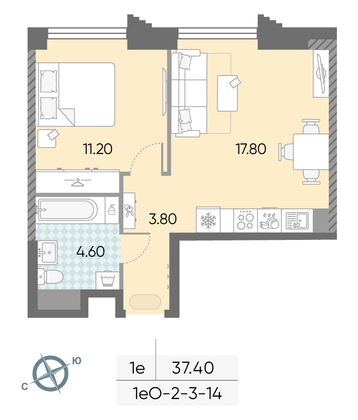 37,4 м², 1-комн. квартира, 4/58 этаж