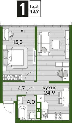 Продажа 1-комнатной квартиры 48,9 м², 16/16 этаж