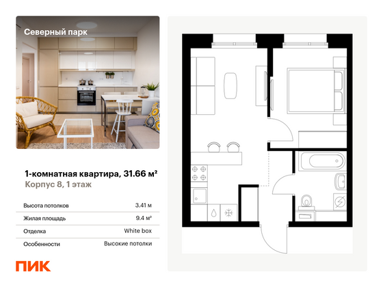 31,7 м², 1-комн. квартира, 1/10 этаж