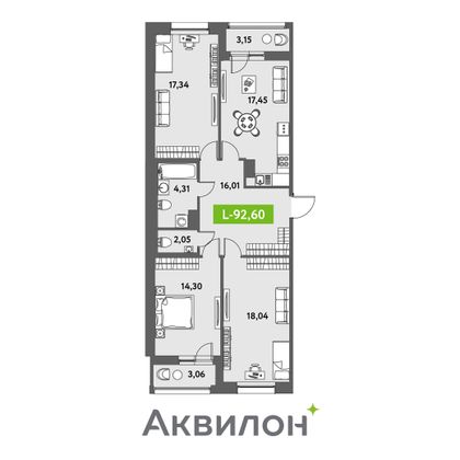 92,6 м², 3-комн. квартира, 4/12 этаж