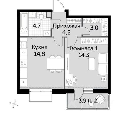 Продажа 1-комнатной квартиры 42 м², 4/16 этаж