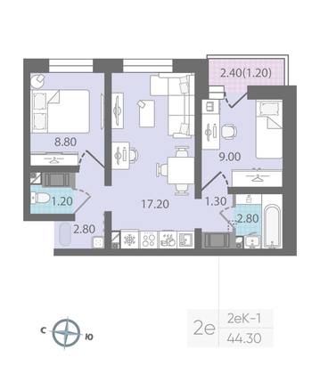 Продажа 2-комнатной квартиры 44,3 м², 12/25 этаж