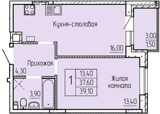 Продажа 1-комнатной квартиры 39,5 м², 3/4 этаж