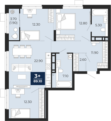 89,1 м², 3-комн. квартира, 13/25 этаж