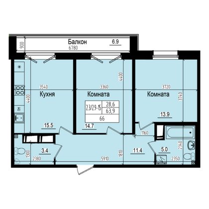 66 м², 2-комн. квартира, 9/23 этаж