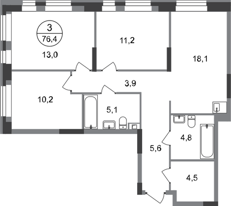 76,4 м², 3-комн. квартира, 1/20 этаж