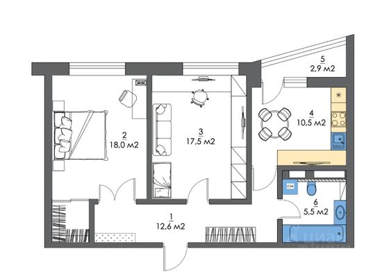 Продажа 2-комнатной квартиры 64,1 м², 12/16 этаж