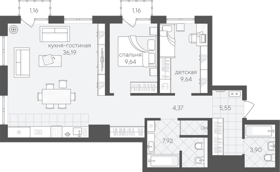 79,5 м², 2-комн. квартира, 2/24 этаж