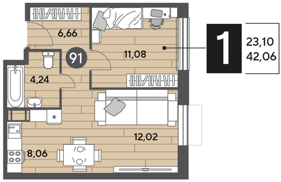 Продажа 1-комнатной квартиры 42,1 м², 4/10 этаж