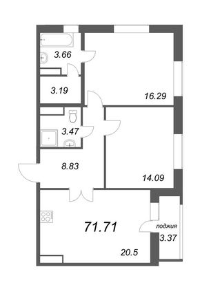 Продажа 3-комнатной квартиры 71,7 м², 3/12 этаж