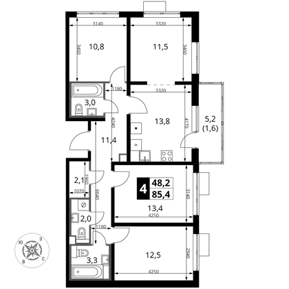 85,4 м², 4-комн. квартира, 13/22 этаж